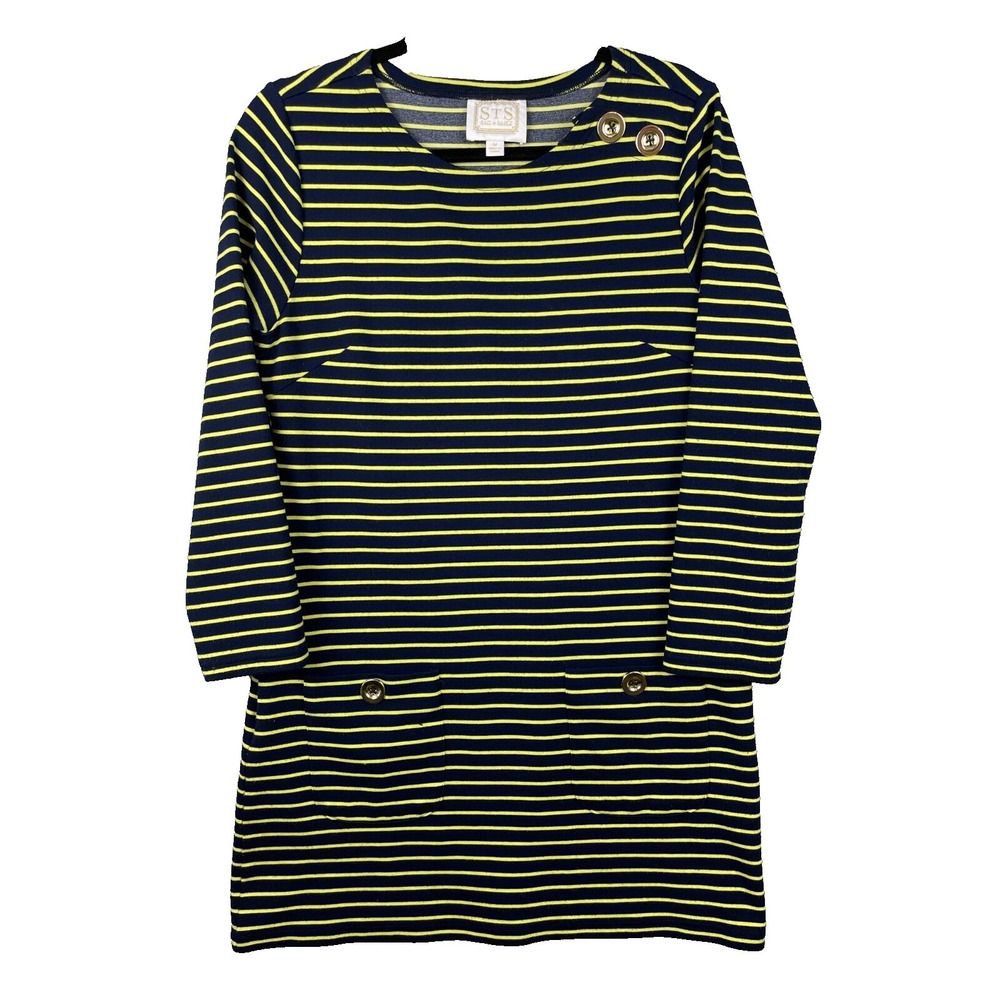 STS Sail To‎ Sable Dress Medium Blue Green Striped Long Sleeve Pockets Nautical